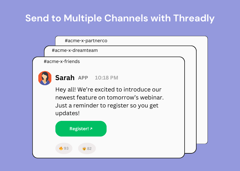 Threadly makes it easy to send to multiple channels in Slack. Image represents numerous channels receiving the exact same message.