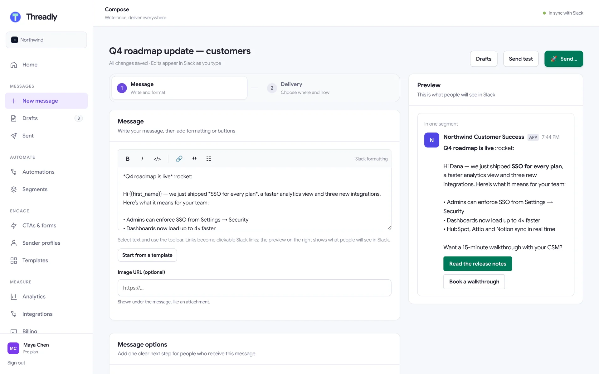 The Threadly composer: a message with two CTA buttons, a live Slack preview and autosave