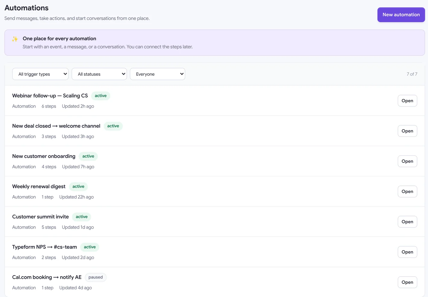 Automations list of workflows and journeys with status and step counts
