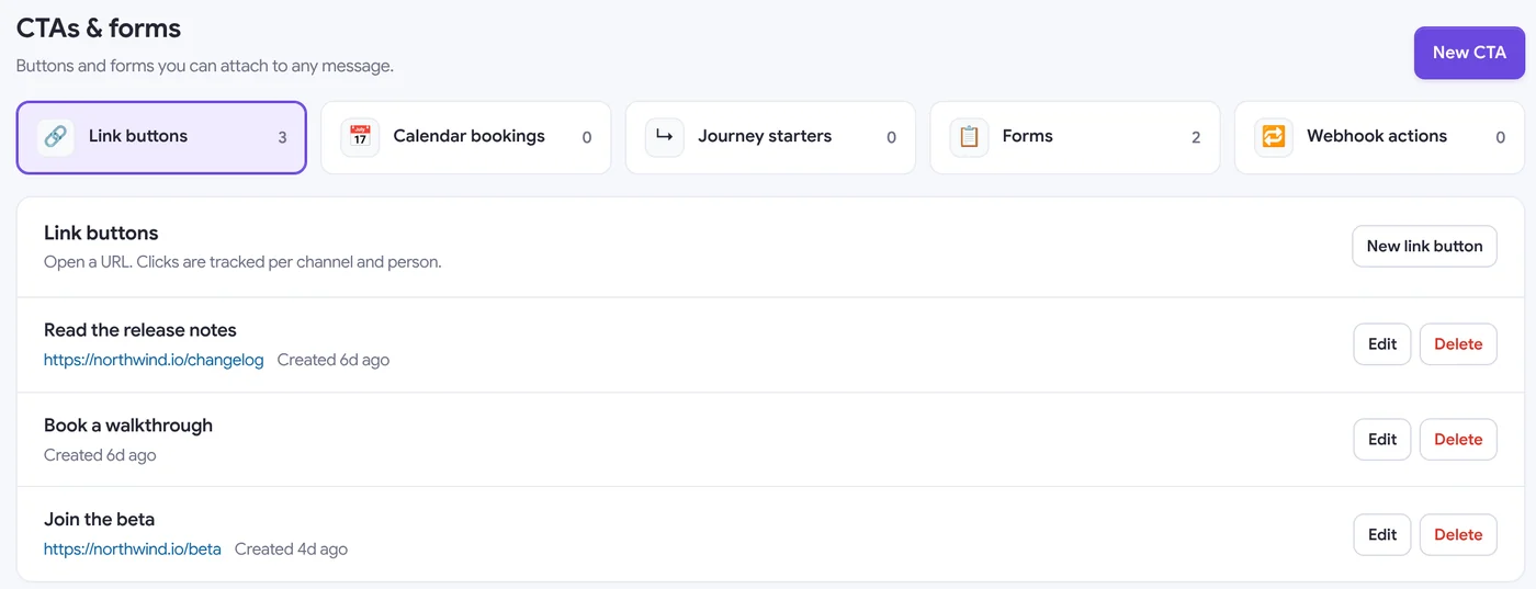 CTAs & forms library: link buttons, calendar bookings, journey starters, forms and webhook actions