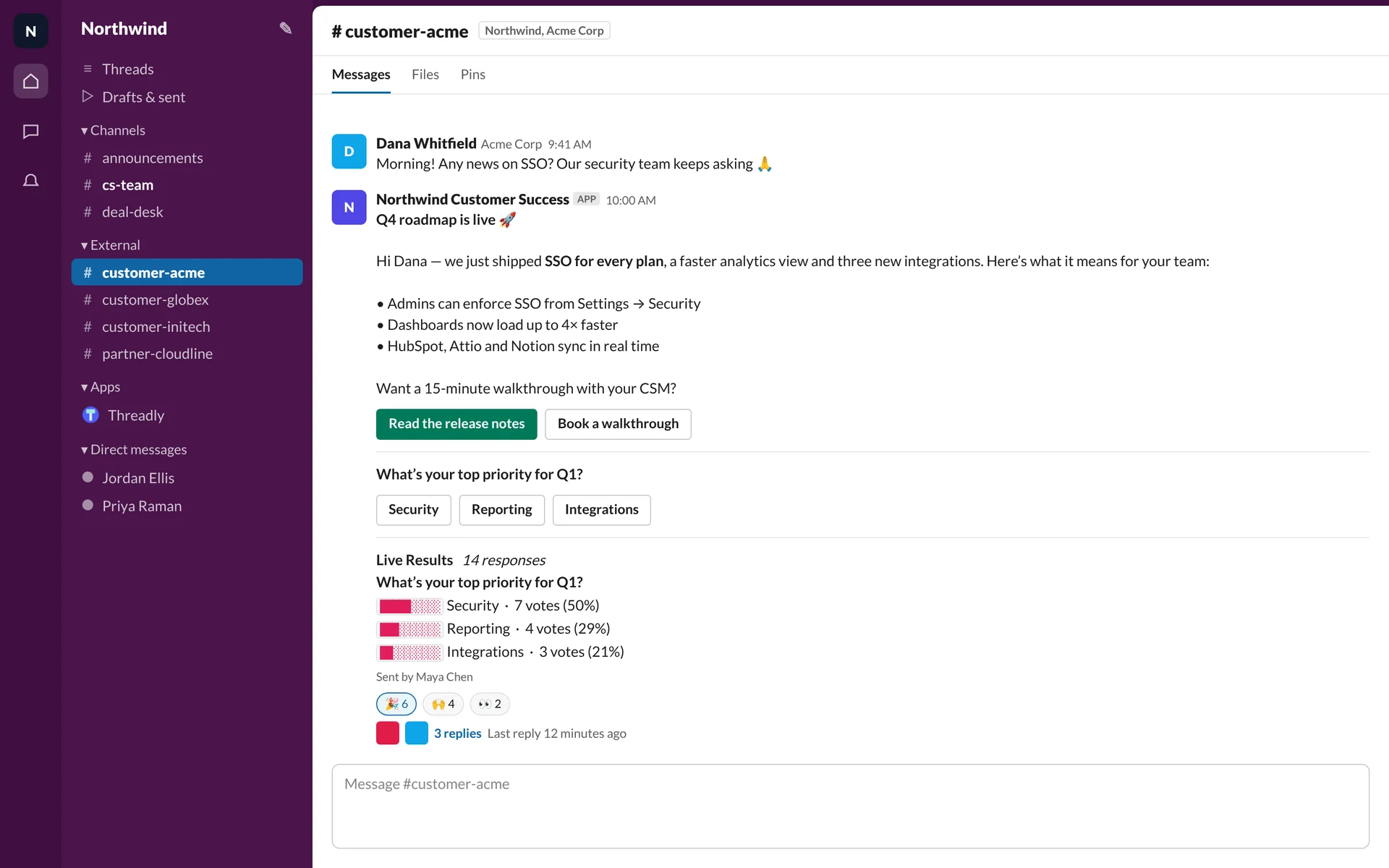 A Threadly broadcast in a Slack Connect channel with buttons, a one-click poll and live results